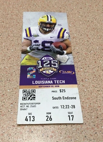 VINTAGE 2018 LSU TIGERS LOUISIANA TECH BULLDOGS FOOTBALL TICKET JACOB HESTER Cover