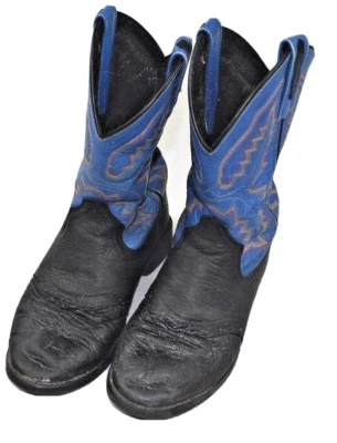 Old West Boys size 3.5 Western  Cowboy BLack/Blue Square Leather - Image 1 of 4