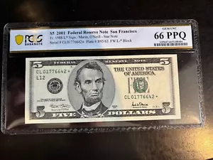 DBR 2001 $5 FRN STAR San Francisco Fr. 1988-L* PCGS-B 66 PPQ Serial CL01776642* - Picture 1 of 2