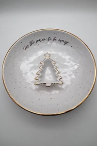 Mud Pie Christmas Tree 12" Plate & Dip Bowl Holiday Serve Ware White & Gold - Picture 1 of 6