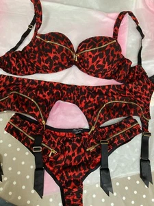Agent Provocateur gold zip 34D bra thong suspender red silk Madalyn SET soiree - Picture 1 of 8