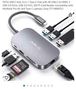HUB USB TOTU 8 EN 1 Ranuras para tarjetas de memoria Tipo-C P&P GRATIS - Imagen 1 de 4