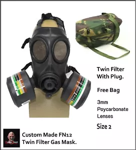 FN12 Gas Mask Twin Filter 2 (L) Black Smoke 3mm Polycarbamate Lenses - Picture 1 of 3