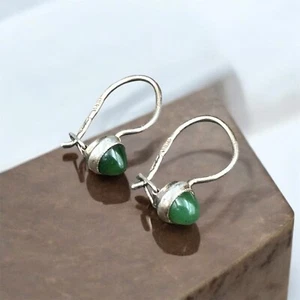 OLD jewelry 1980s russian children's Earrings SILVER 925 Stone Natural Nephrite - Picture 1 of 22