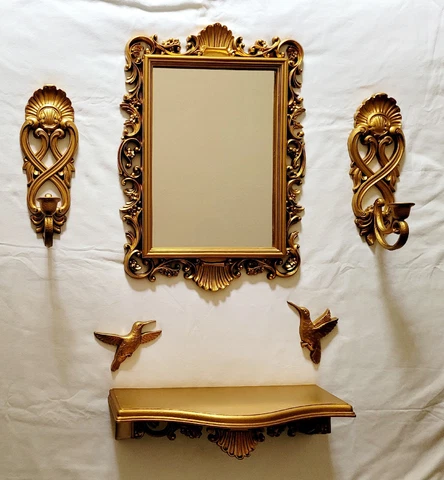 1988 Homco Gold Ornate Wall Mirror, Shelf, Sconces, and Hummingbirds Cover