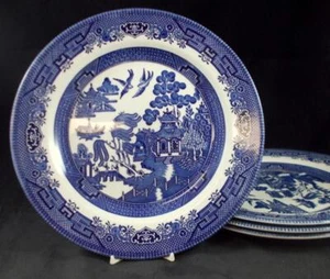 Lote de 4 platos de cena Churchill Willow azul forma georgiana hechos en Inglaterra - Imagen 1 de 5