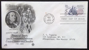 Scott 2036 FDC Benjamin Franklin USA Sweden Art Craft PCS Cachet ADDRESSED - Picture 1 of 3