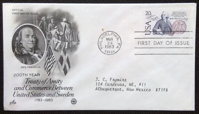 Scott 2036 FDC Benjamin Franklin USA Sweden Art Craft PCS Cachet ADDRESSED - Image 1 of 3