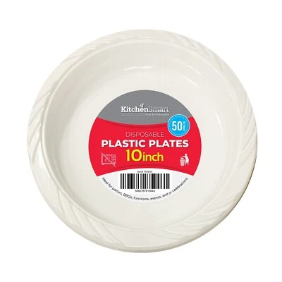 KITCHENSMART 100 x Reusable Plastic Plates 10" (26cm) White Dinner Breakfast Party Catering