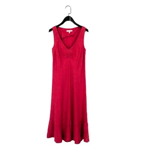 Laura Ashley Berry Pink Frill Hem Ruched Midi Linen A-Line Dress - Size 10 - Picture 1 of 13