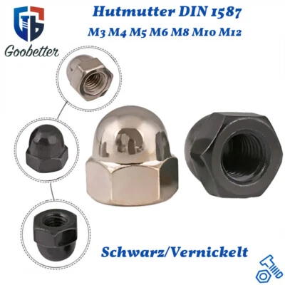 Hutmutter DIN 1587 hohe Form Schwarz/Vernickelt Klasse 4.8 M3 M4 M5 M6 bis M12 - Bild 1 von 4