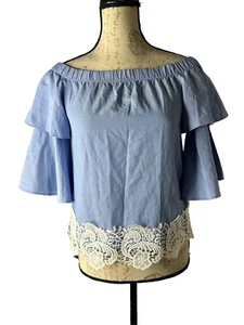 Zara Blue Poplin Tiered Bell Sleeve Crochet Lace Off Shoulder Blouse Top XS - Picture 1 of 5