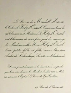 HELY OISSEL Andre Laboulaye FAIRE PART MARIAGE Baron Mandell Ecosse 1912 - Picture 1 of 2