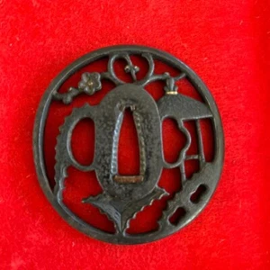 Antique Openwork Plum Tsuba Japanese Brass Inlay Sword Katana Guard  from Japan - Picture 1 of 10