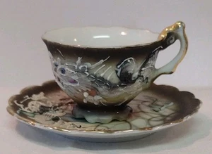 Vintage Dragonware Moriage Mini Tea Cup & Saucer Green and Brown with Gold Rim - Picture 1 of 8