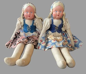 Par de muñecas de aserrín de tela polaca vintage caras pintadas a mano ropa primitiva - Imagen 1 de 6