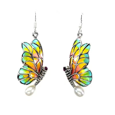 925 Sterling Silver Earrings Round Ruby Pearl Gemstone Butterfly Enamel Jewelry - Image 1 of 4