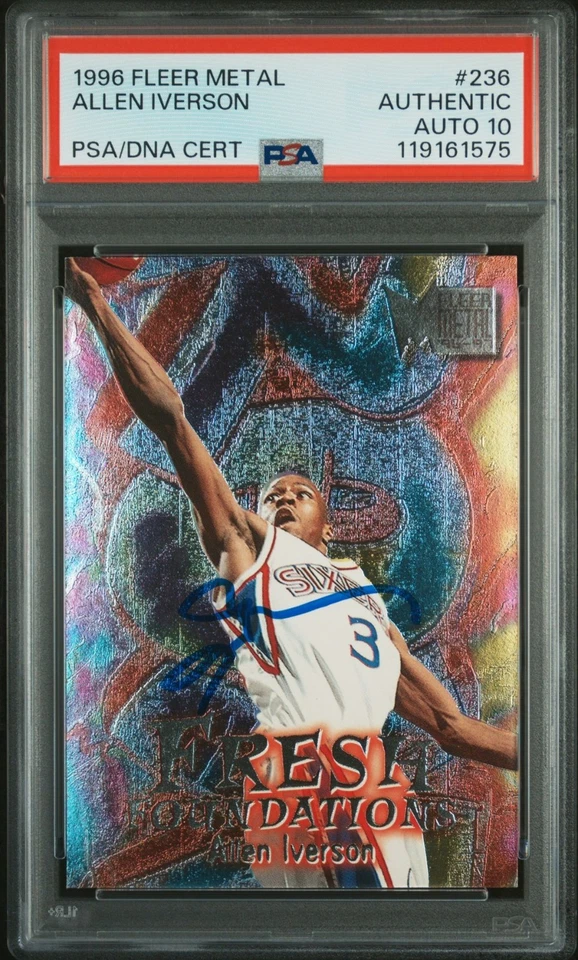 Tarjeta de novato de baloncesto firmada por Allen Iverson 1996 Fleer Metal #236 automática PSA 10 75 Foto 1 de 2
