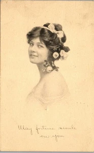 Vintage Postcard Pretty Lady With Flowers in Hair May Fortune Smile on You 1914 - Picture 1 of 3