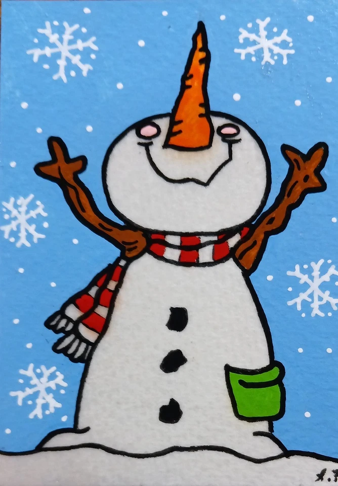Winter Snowman Christmas ATC CARD ACEO ORIGINAL HAND PAINTED Signed OOAK - Image 1 of 1