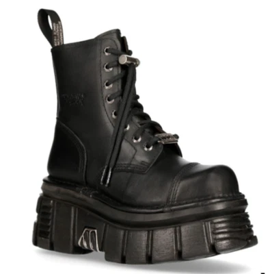 NEW ROCK Metallic Leather Platform Combat Ankle Boot Men's Sz EU 42 - Black - Image 1 of 4