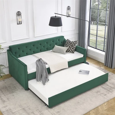 Twin Size Daybed w/ Trundle & Waved Shape Arms Upholstered Tufted Sofa Bed,Green - Image 1 of 4