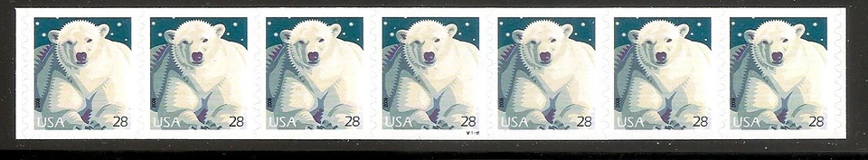 US Scott #4389 28c Polar Bear PNC strip of 7, plate #V1111, valley/peak variety - Image 1 of 1