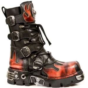 New Rock 591-S1 Rosso Fiamma Metallo Nero Pelle Pesante Punk Gotico Stivali - Foto 1 di 8