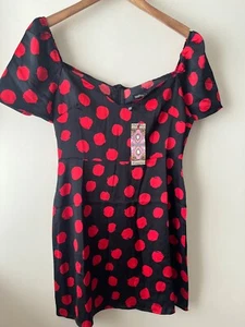 Boohoo Petite Dress Size 10 New Black Red Spot Satin Short Sleeve Fit Flare Part - Picture 1 of 12