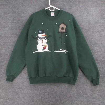 Sudadera Jerzees Mujer XL Vintage Verde Hombre de Nieve Bordada Cuentas Perlas Foto 1 de 4