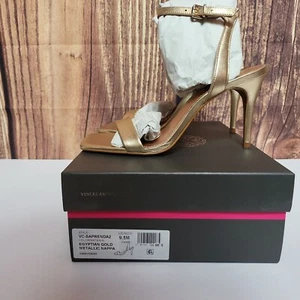 Vince Camuto Womens Saprenda 2 Egyptian Gold Metallic Nappa Heel Sandal Sz 9.5M - Picture 1 of 5