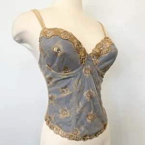 90s Victoria’s Secret Gold Embroidered Blue Gray Vintage Corset Bustier Top 36C - Picture 1 of 10