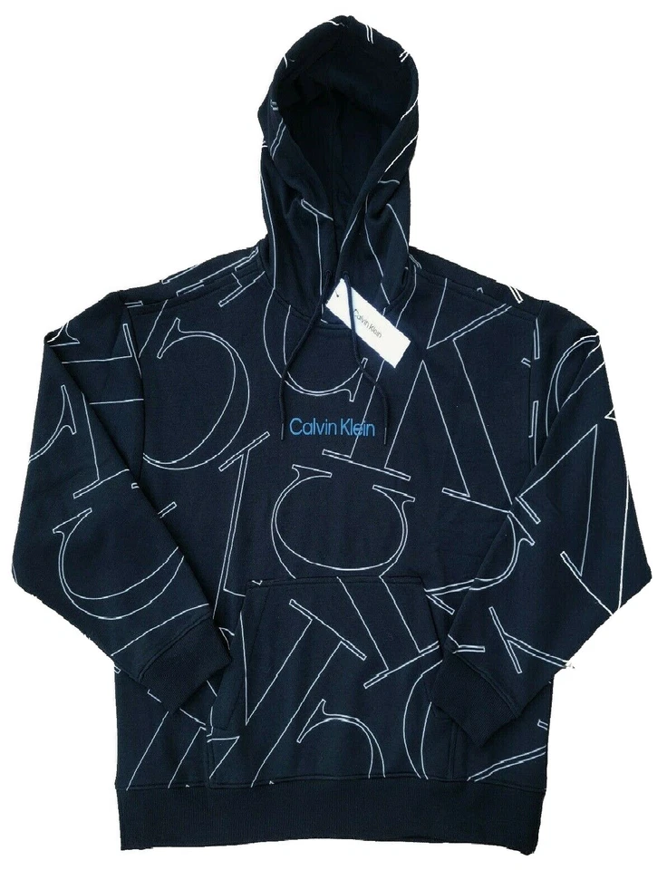 Calvin Klein Men's Long Sleeve Front Logo and All Over CK Print Hoodie Black S