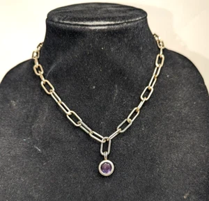 Vintage Pandora 925 Sterling Silver Chain Link Amethyst Necklace - Picture 1 of 7