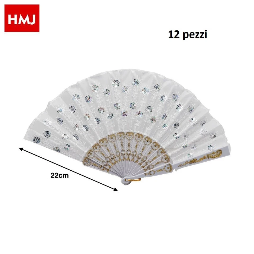 Set 12 Pezzi Ventaglio Bianchi Fiori Argento Feste Matrimonio Caldo Estate hmj - Immagine 1 di 1