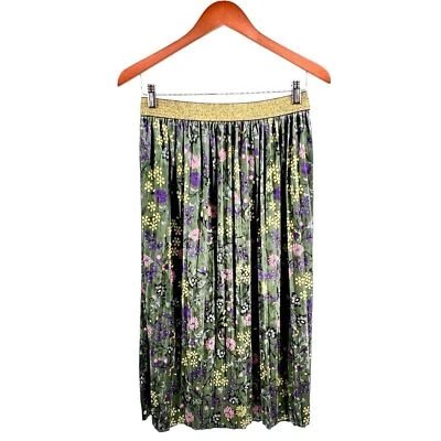 ModCloth Pleated Velvet Midi Skirt Sz M Green Floral Gold Sparkle Waistband - Image 1 of 4