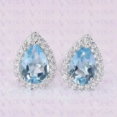 Pendiente de diamantes y aguamarina natural corte pera de 4,50 quilates enchapado en oro blanco de 18 k Foto 1 de 4