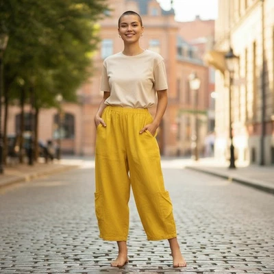 Pantalones Cortos Bryn Walker Elásticos Pierna Ancha, 100% Lino, Lagenlook, Talla S, Amarillo Foto 1 de 4