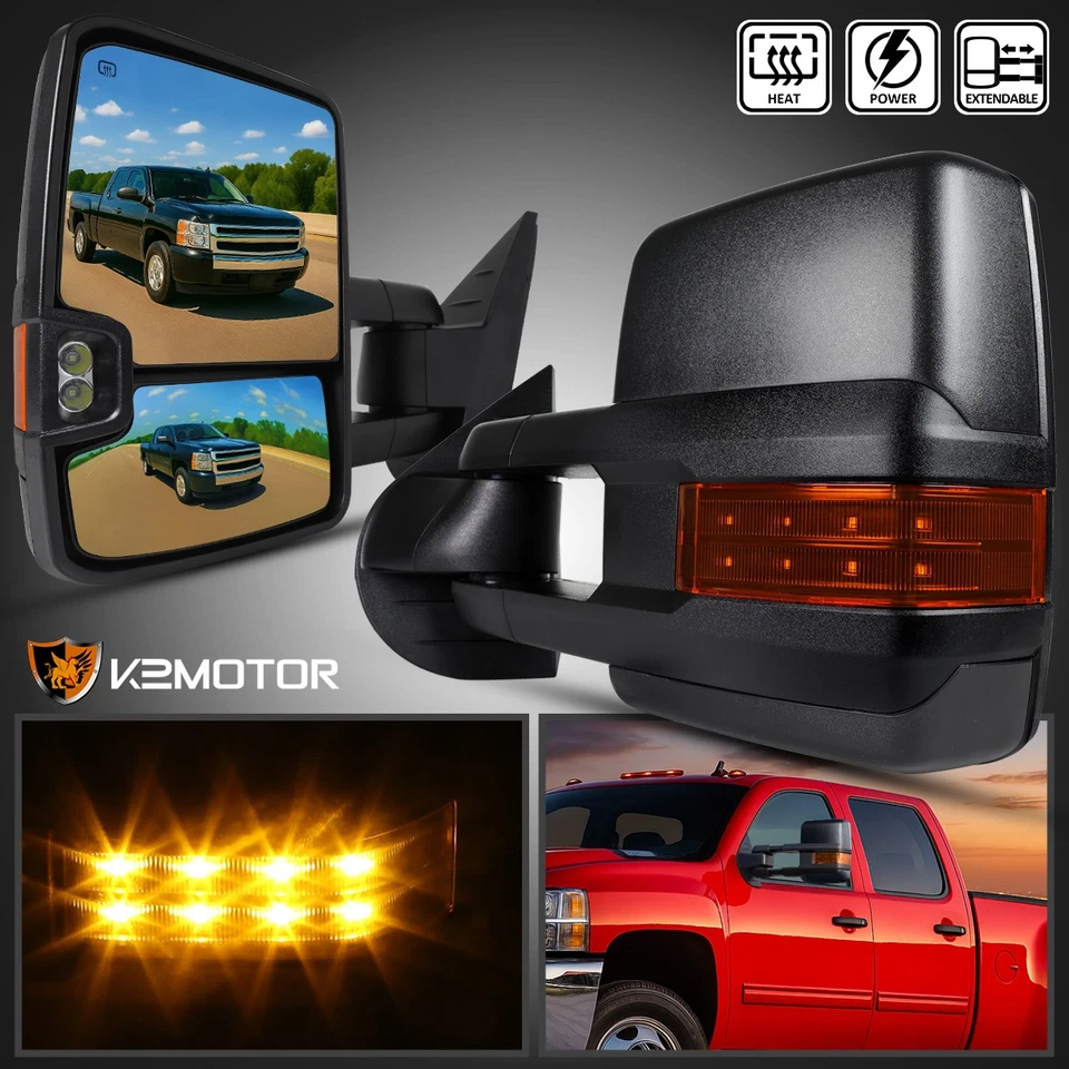 Fits 2007-2013 Chevy Silverado Sierra Power Heated Towing Tow Mirrors+LED Signal - Изображение 1 из 4