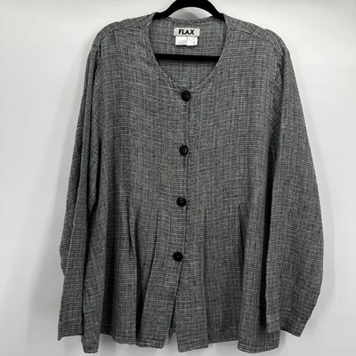 Flax Jacket Womens Large Gray Plaid 100% Linen Button Front Textured Casual - Image 1 of 4