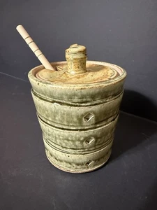 Studio Art Pottery Honey Pot Jar W/Lid Dipper Stoneware Green Brown - Picture 1 of 13