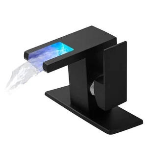 LED Bathroom Faucet, 3-Color Waterfall Spout, Single-Handle Matte Black QJ11BL1D - Picture 1 of 5