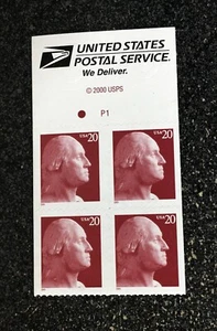 2001USA 20c #3482b George Washington Red - Header Block of 4  Mint (#P1) - Picture 1 of 2