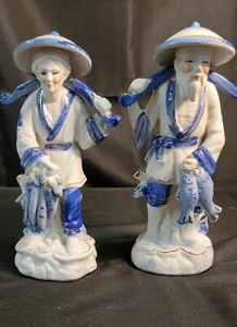 Vtg Asian Man Woman Blue White Gold Trim Fine Porcelain Fisherman 10" Painted - Picture 1 of 13