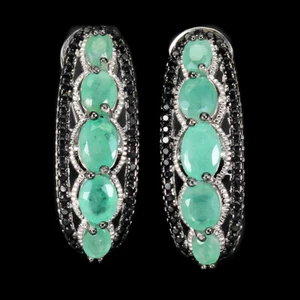 925 Sterling Silver Earrings Oval Emerald 6x4mm Black Spinel Gemstone Jewelry - Picture 1 of 11
