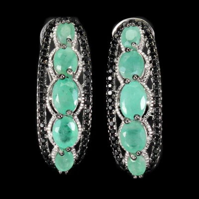 925 Sterling Silver Earrings Oval Emerald 6x4mm Black Spinel Gemstone Jewelry - Image 1 of 4