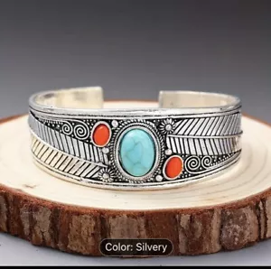 Turquoise W 2 Red Stones Feather Inlaid Design, Mosaic Stones Color Silver, - Picture 1 of 7