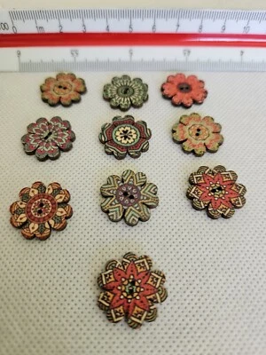 Painted Flower Wood Buttons for Handwork Sewing Scrapbook Clothing Crafts - Image 1 of 4