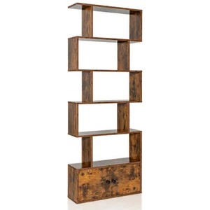 6-Tier S-Shaped Freestanding Bookshelf with Cabinet and Doors-Coffee - Color: Co - Picture 1 of 5
