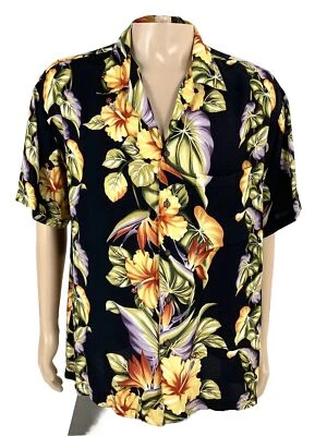 IOLANI Men's Rayon Aloha Hawaiian Shirt Large Black Tropical Flowers Vintage - Image 1 of 4